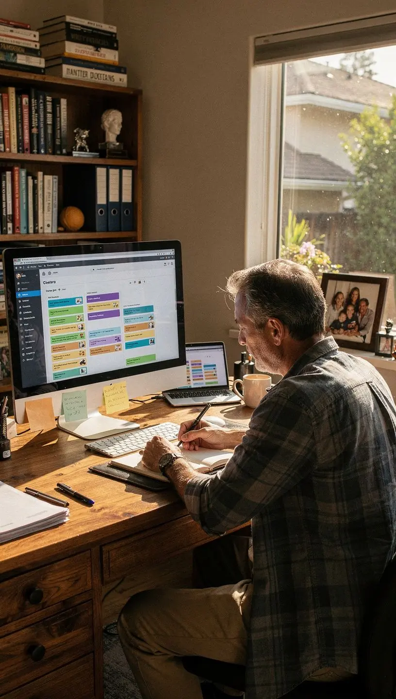 Person using a tablet to review and optimize a detailed task management system
