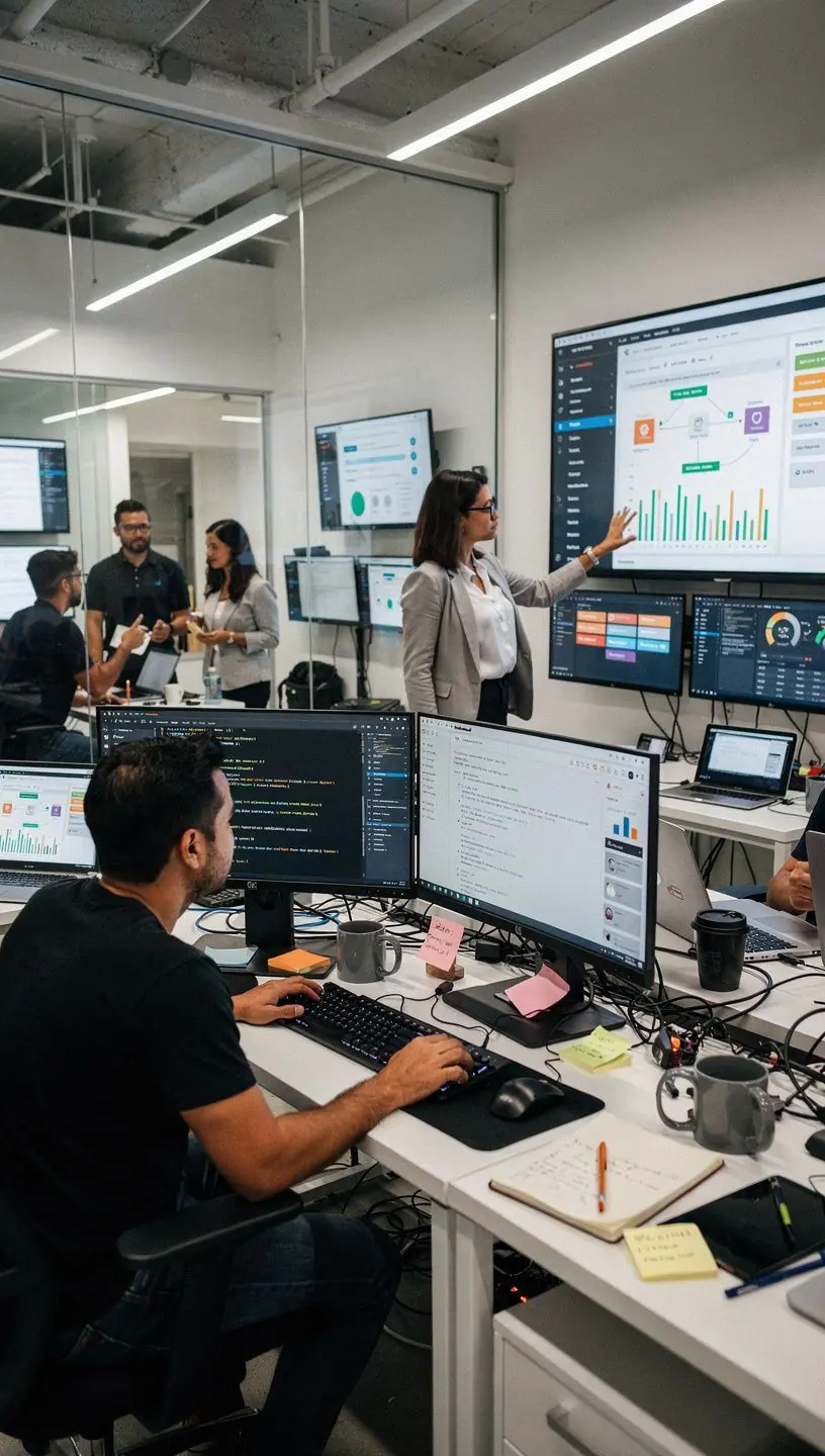 Hands typing on a laptop keyboard with productivity graphs visible on the screen
